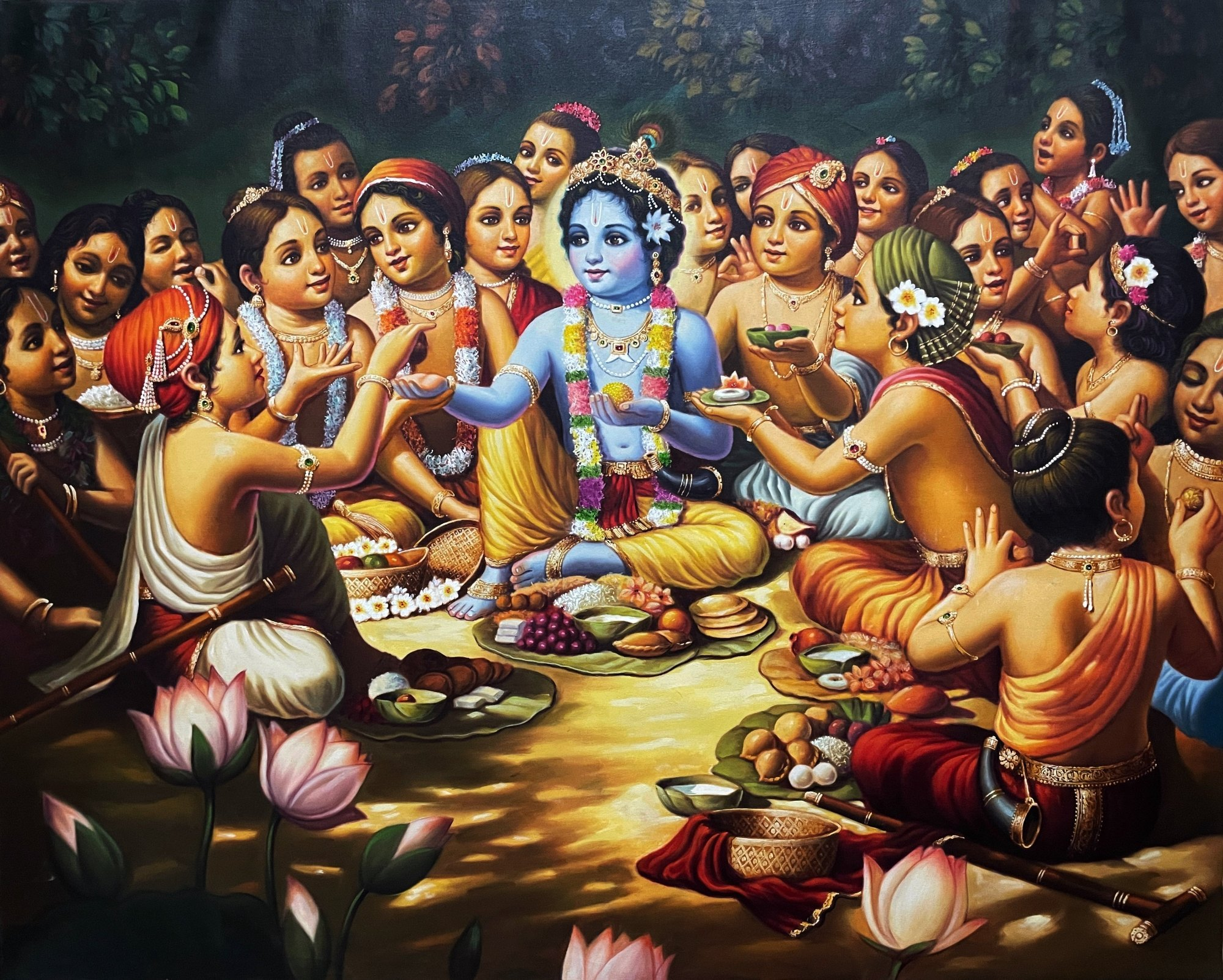 Krishna sharing prasadam with the cowherd boys